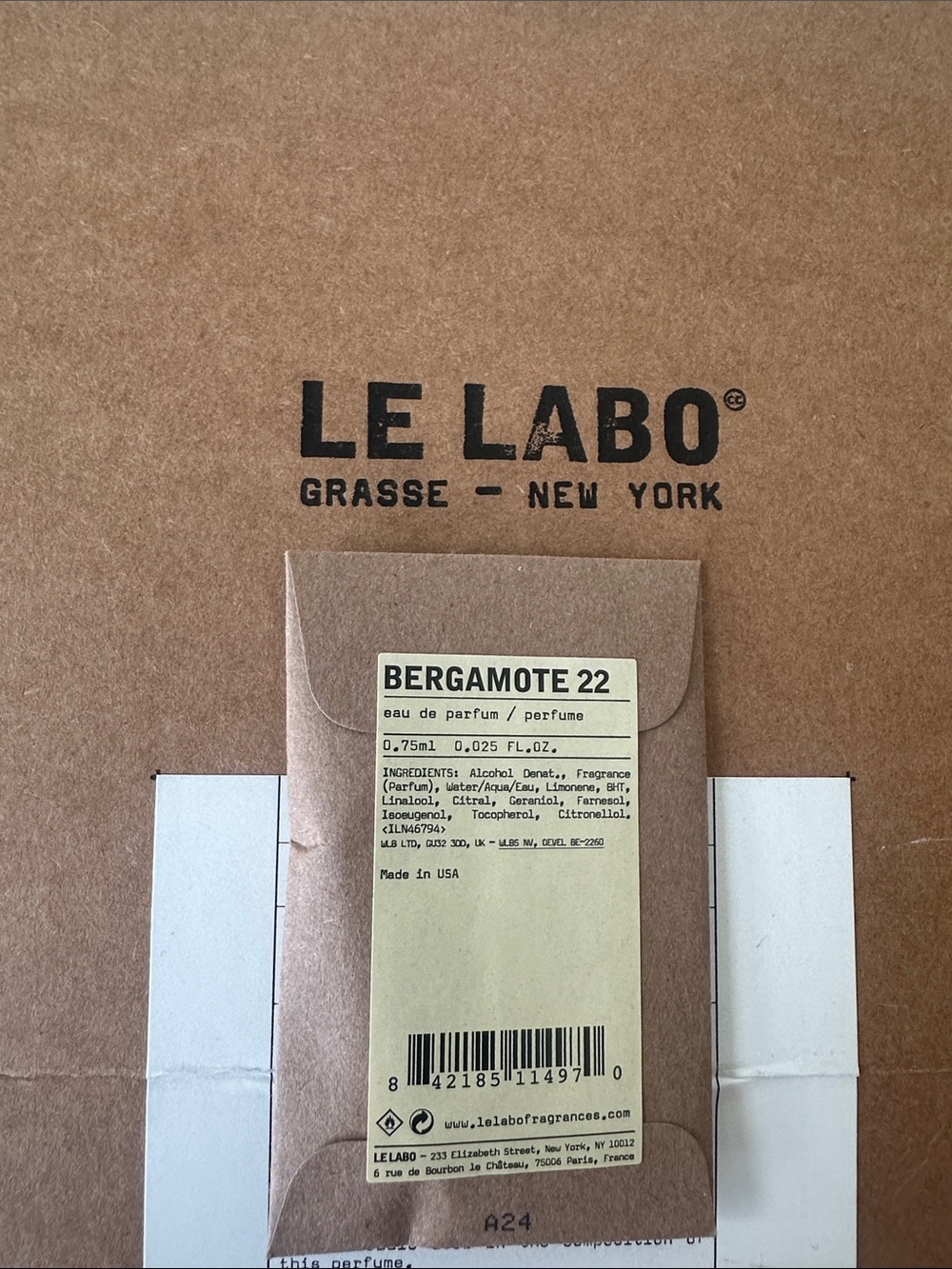 Le Labo Bergamote 22 Kraft Sample with Pale Beige Label